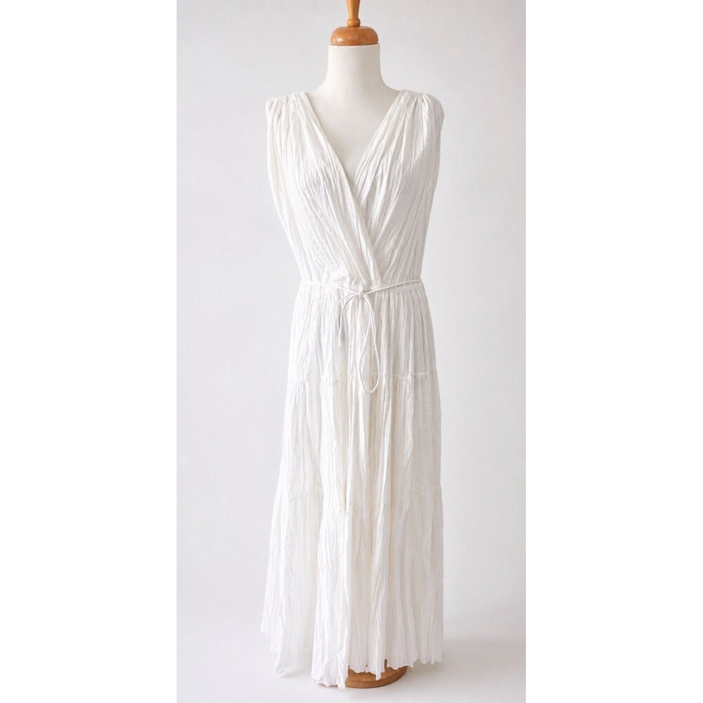 Massimo Dutti White 100% Cotton Pleated Midi Maxi Dress Large NWT Drawstring